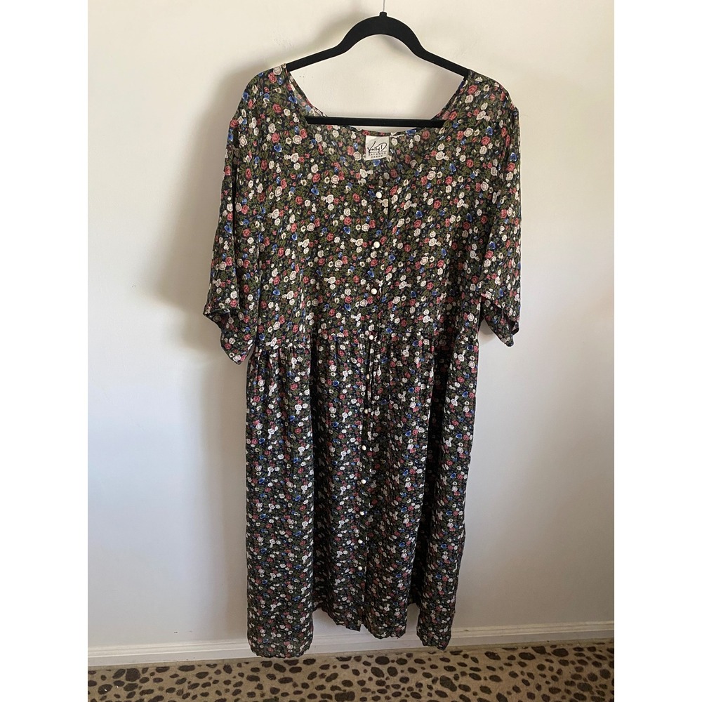 Kathryn Deene Katy D Vintage Floral Babydoll Midi Dress Button Front Green Pink